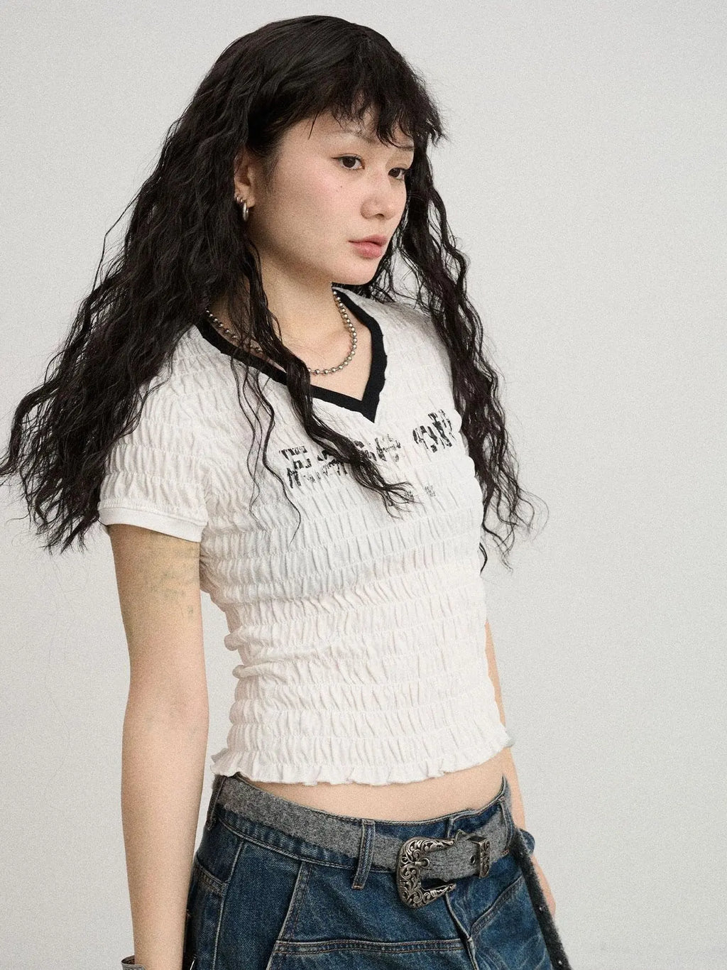Summer V-neck Ruffle Cotton Tee