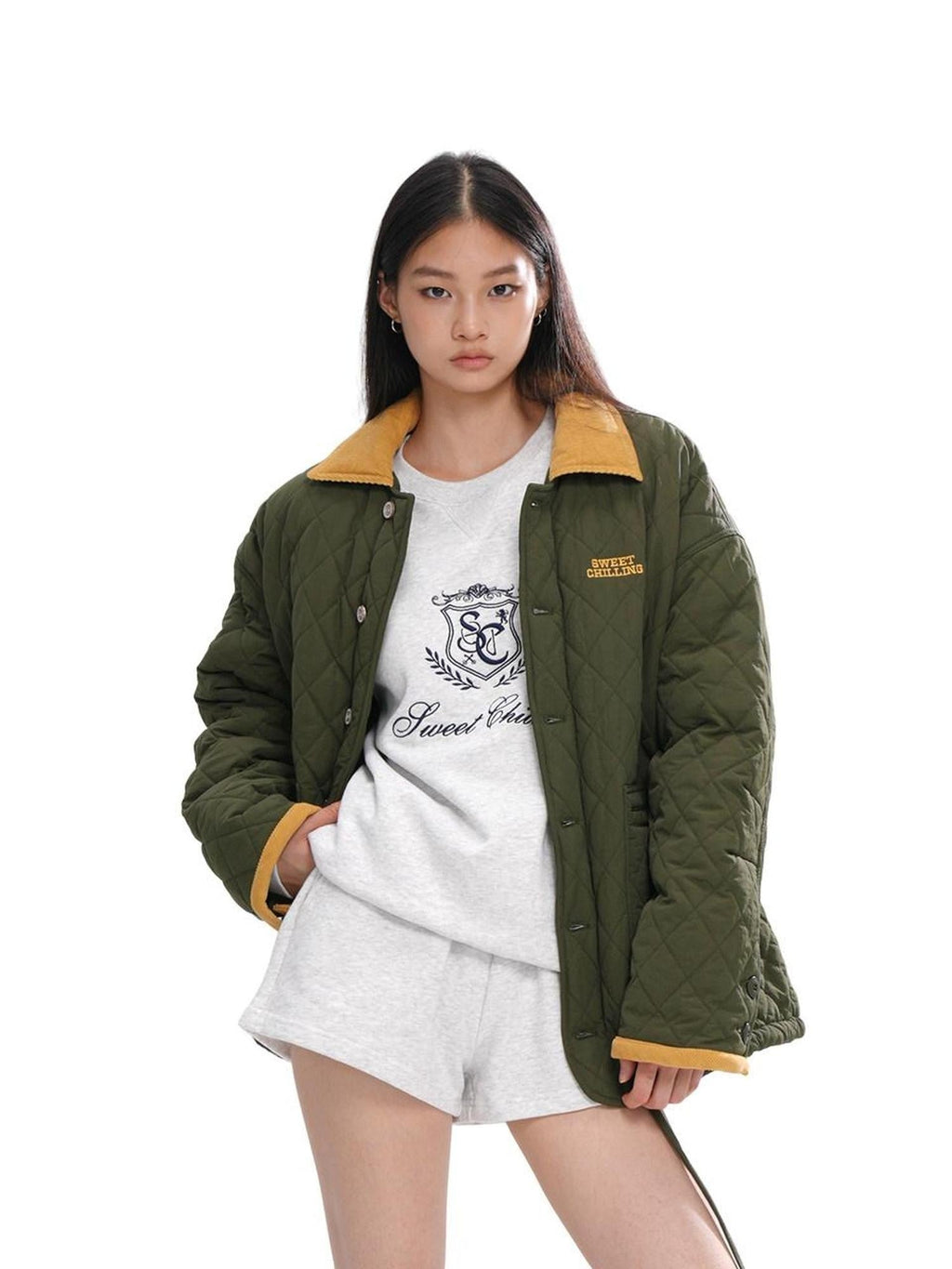 Army Green Quilted Vintage Cropped Women's Cotton Blend Puffer Jackets