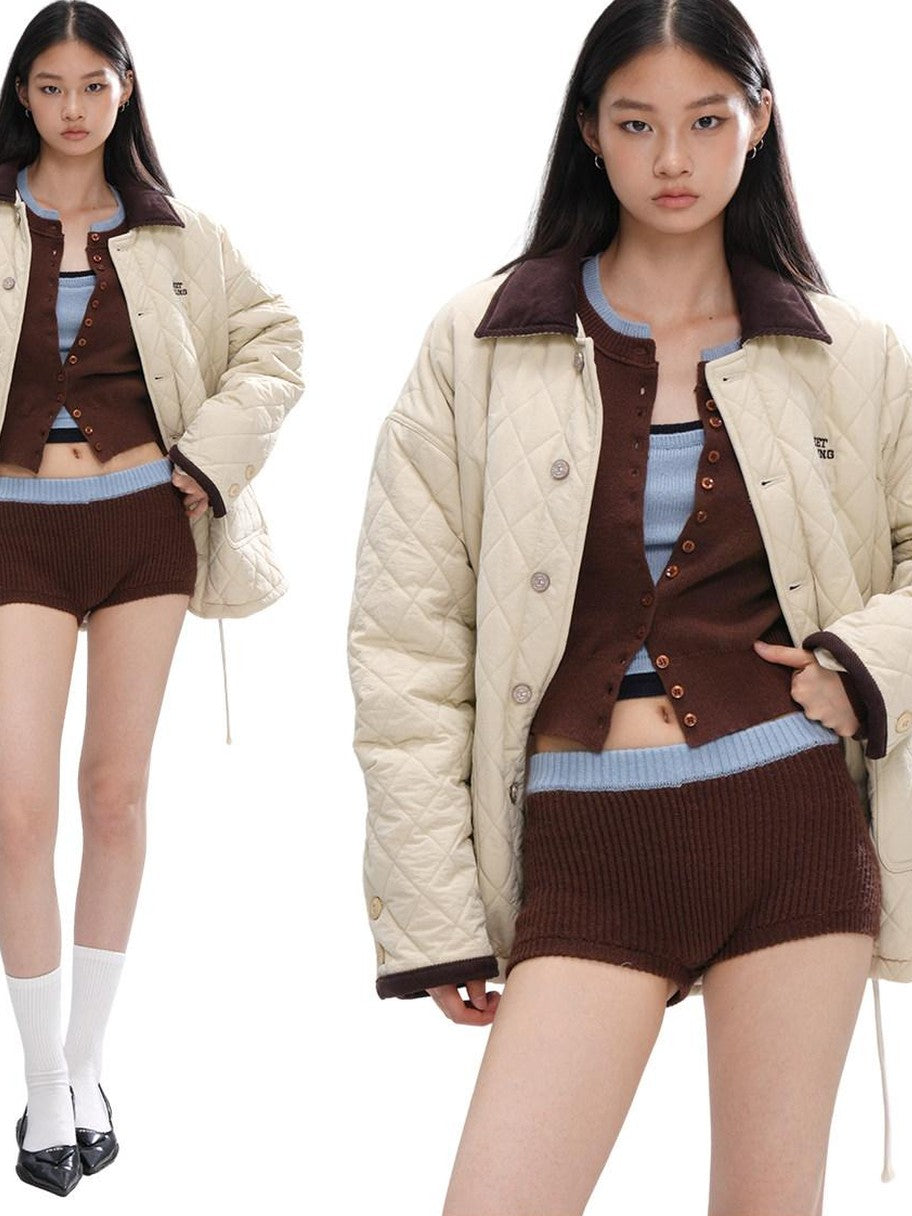 Army Green Quilted Vintage Cropped Women's Cotton Blend Puffer Jackets