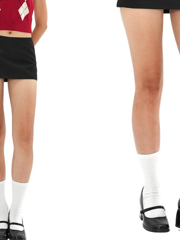 Black Satin A Line Low Waist Built In Shorts Women's Polyester Mini Skirts