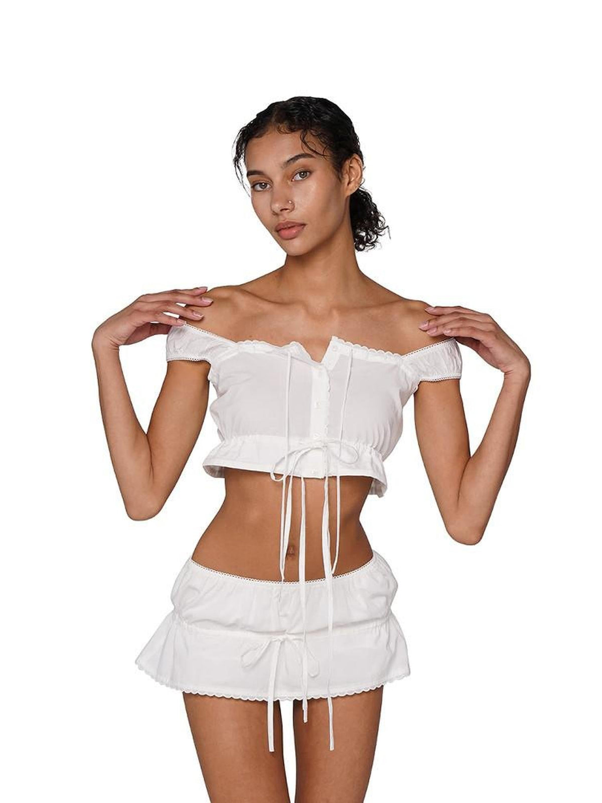 Boho Chic Embroidered Cropped Waist Women's Cotton Viscose Matching Skirt Sets