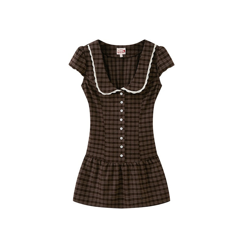 Brown Pastoral Collared Waist Cinch Women's Polyester Bodycon Mini Dresses
