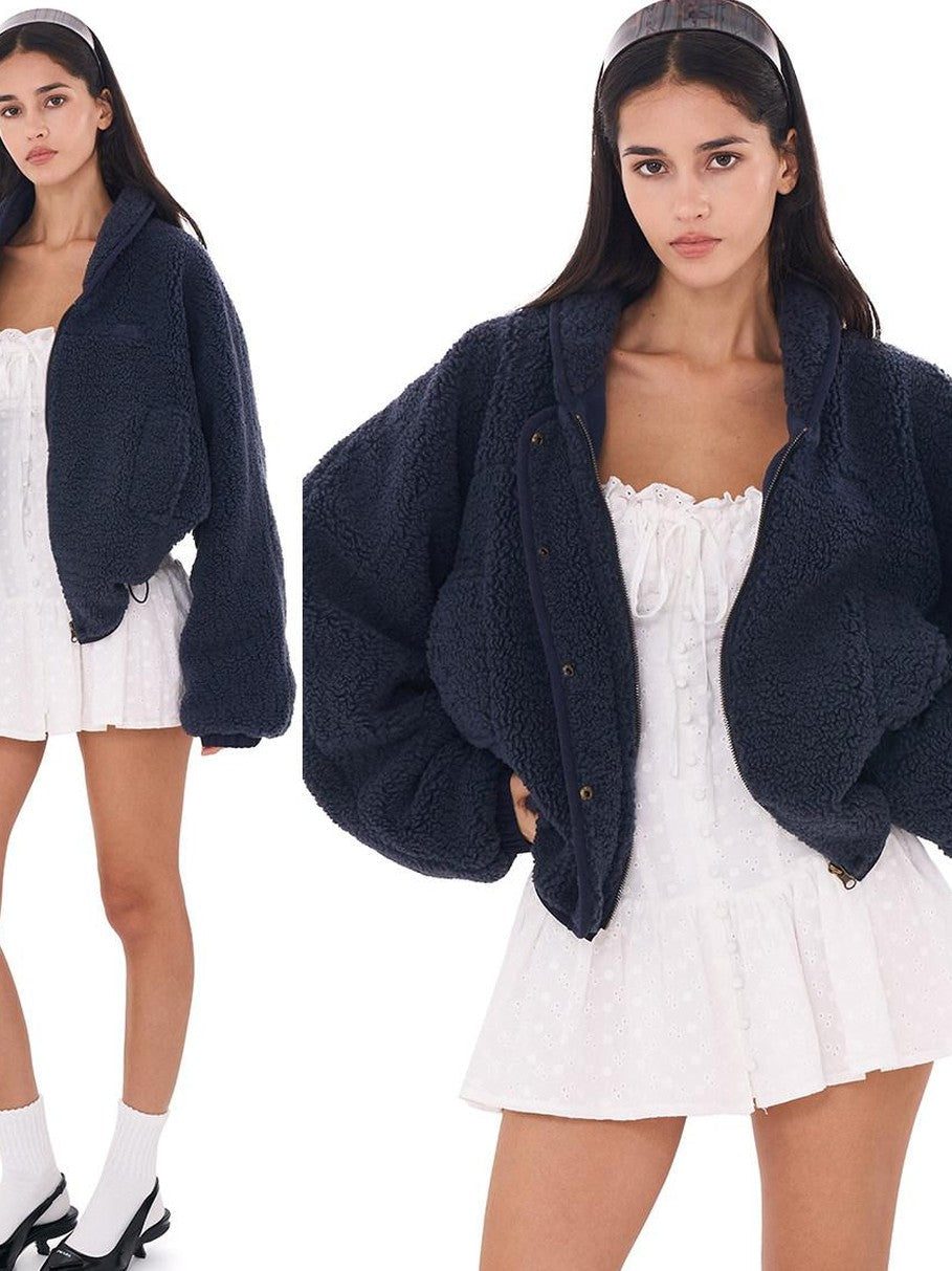Casual Slouchy Cape Hooded Zipper Women's Polyester Fleece Jackets