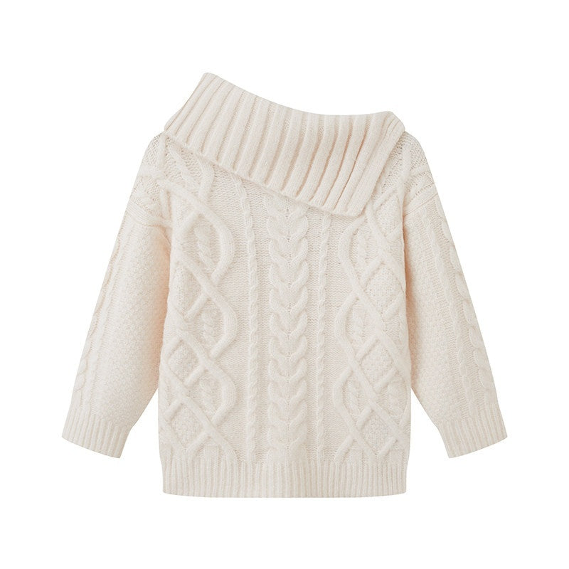 Chunky Cable Turn Down Collar Women's Acrylic Wool Blend Off-shoulder Sweaters
