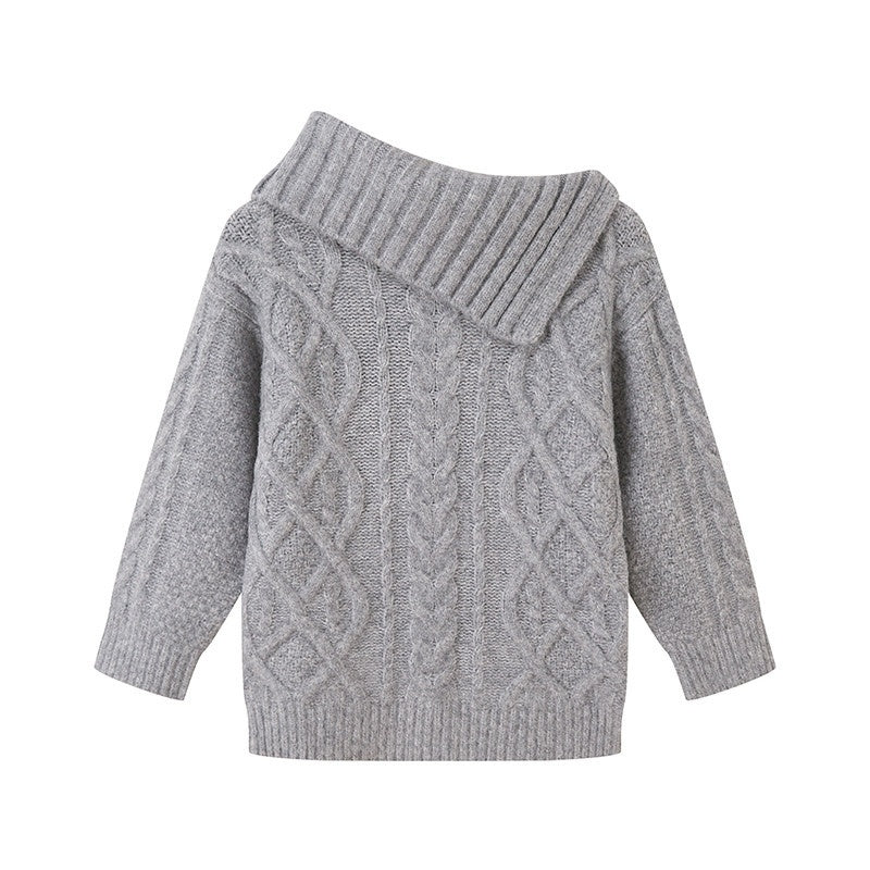 Chunky Cable Turn Down Collar Women's Acrylic Wool Blend Off-shoulder Sweaters