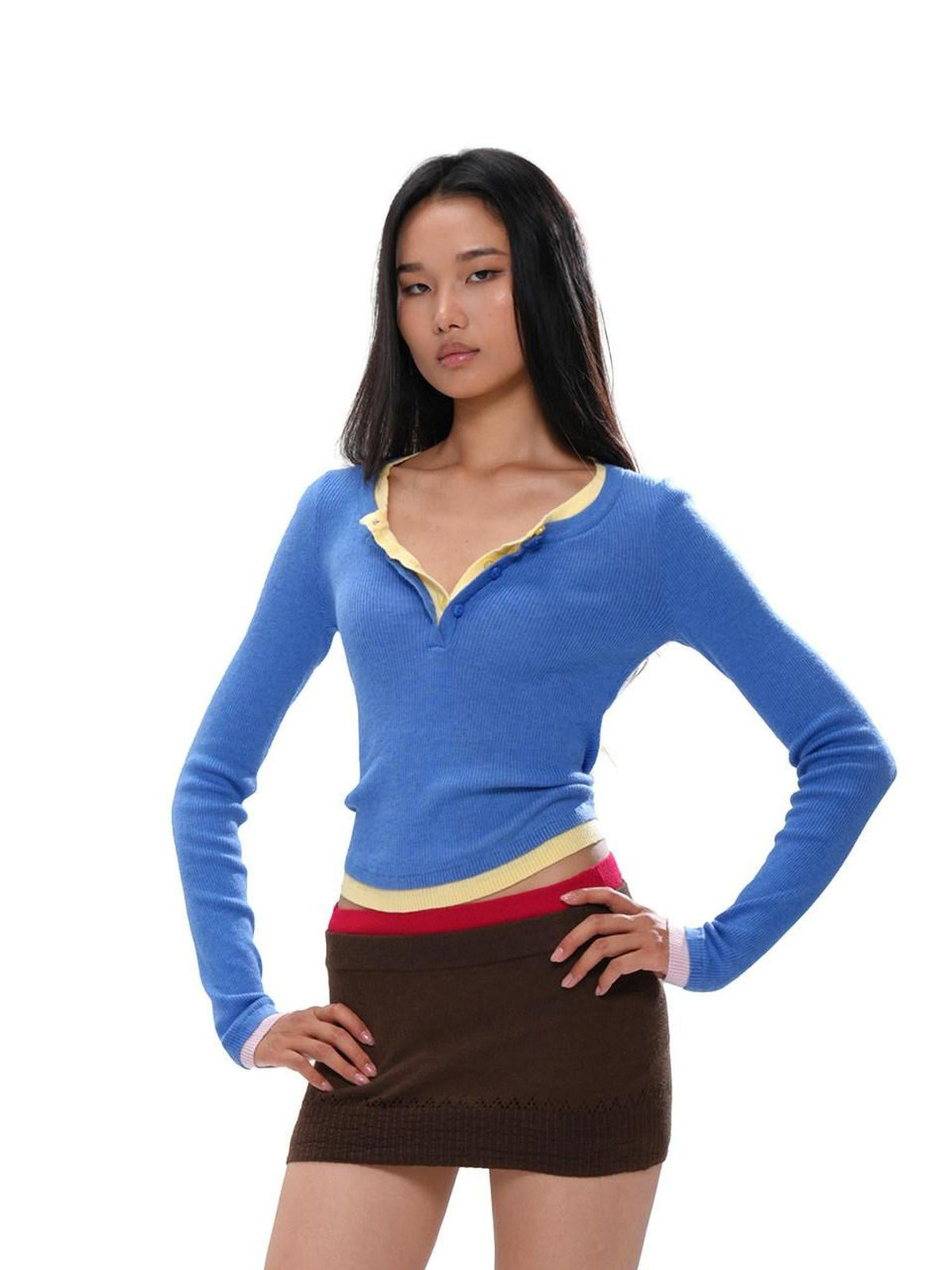 Colorblock Layered Faux Two Piece Knit Women's Wool Blend Matching Skirt Sets