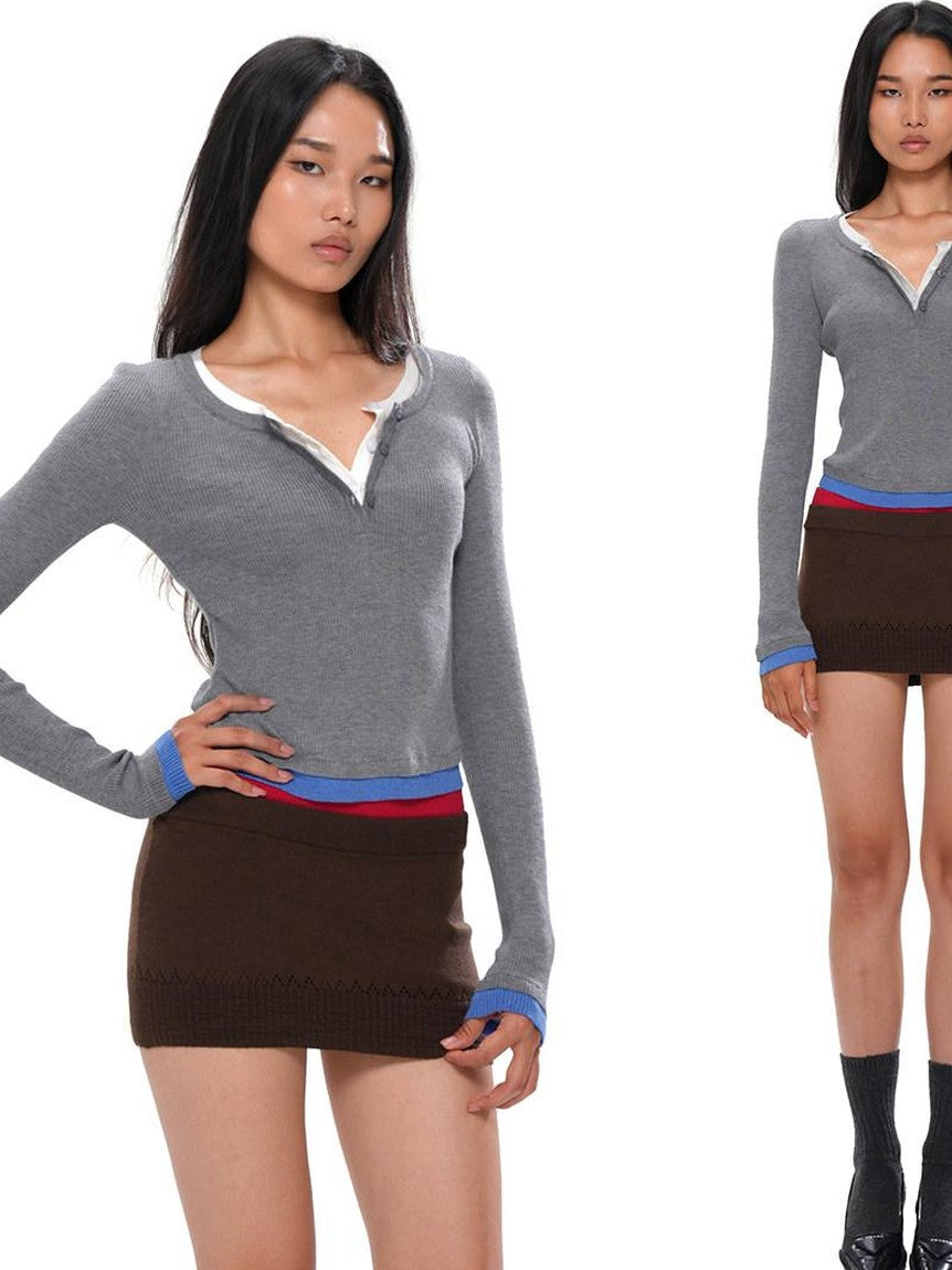 Colorblock Layered Faux Two Piece Knit Women's Wool Blend Matching Skirt Sets