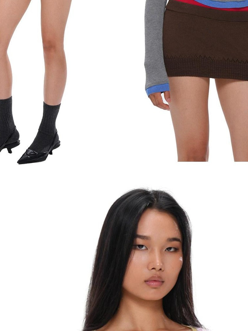 Colorblock Layered Faux Two Piece Knit Women's Wool Blend Matching Skirt Sets