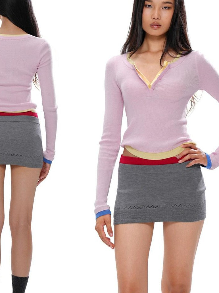 Colorblock Layered Faux Two Piece Knit Women's Wool Blend Matching Skirt Sets