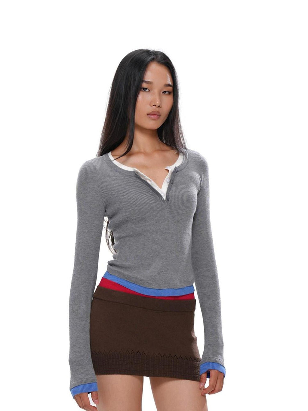 Colorblock Layered Faux Two Piece Knit Women's Wool Blend Matching Skirt Sets
