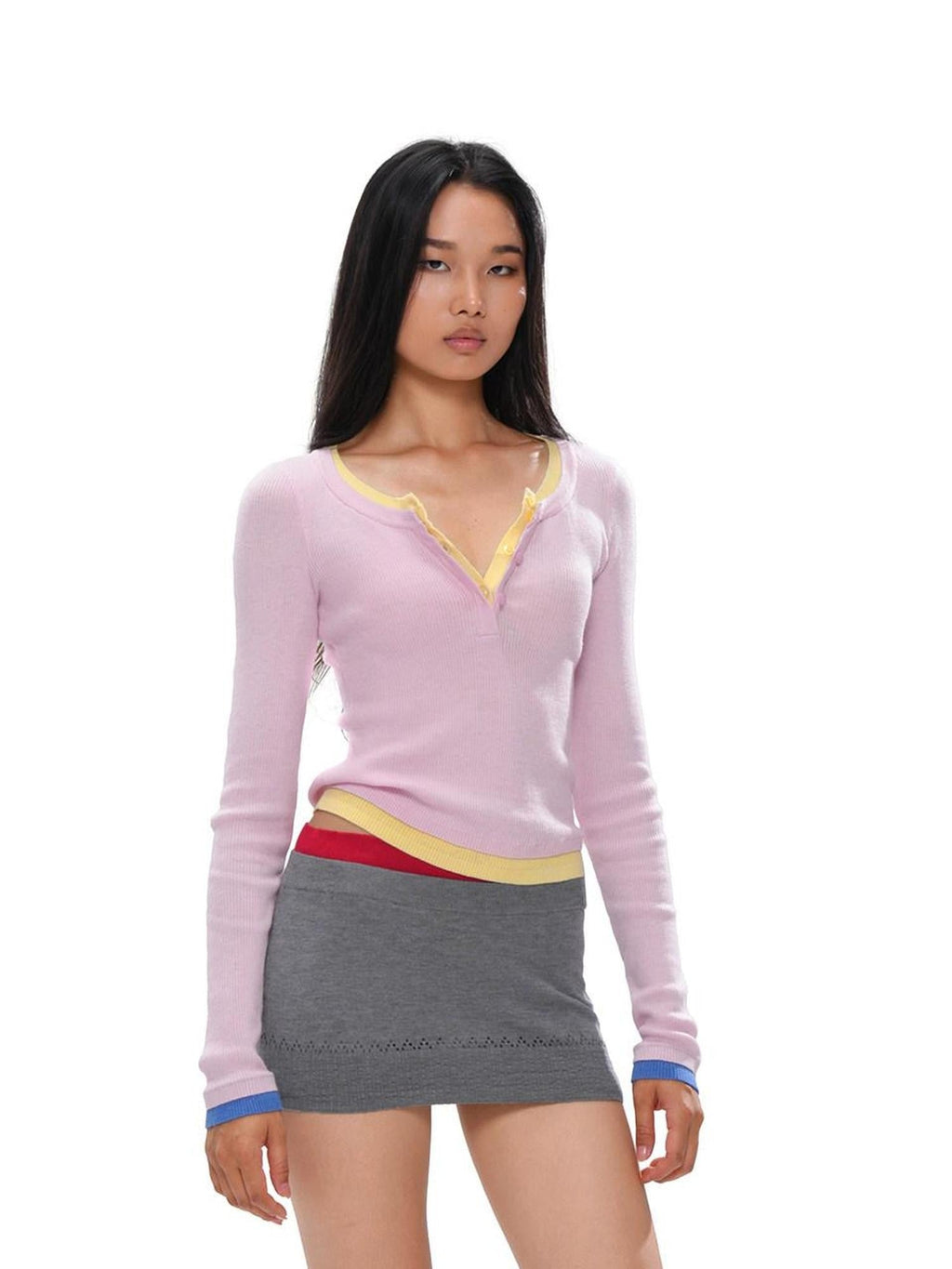 Colorblock Layered Faux Two Piece Knit Women's Wool Blend Matching Skirt Sets