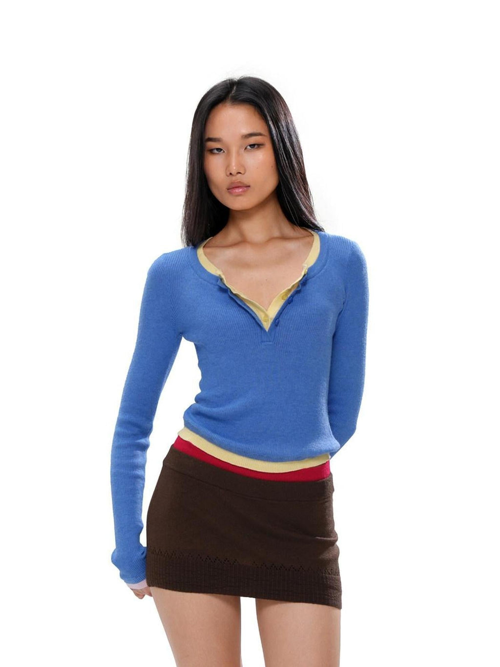 Colorblock Layered Faux Two Piece Knit Women's Wool Blend Matching Skirt Sets
