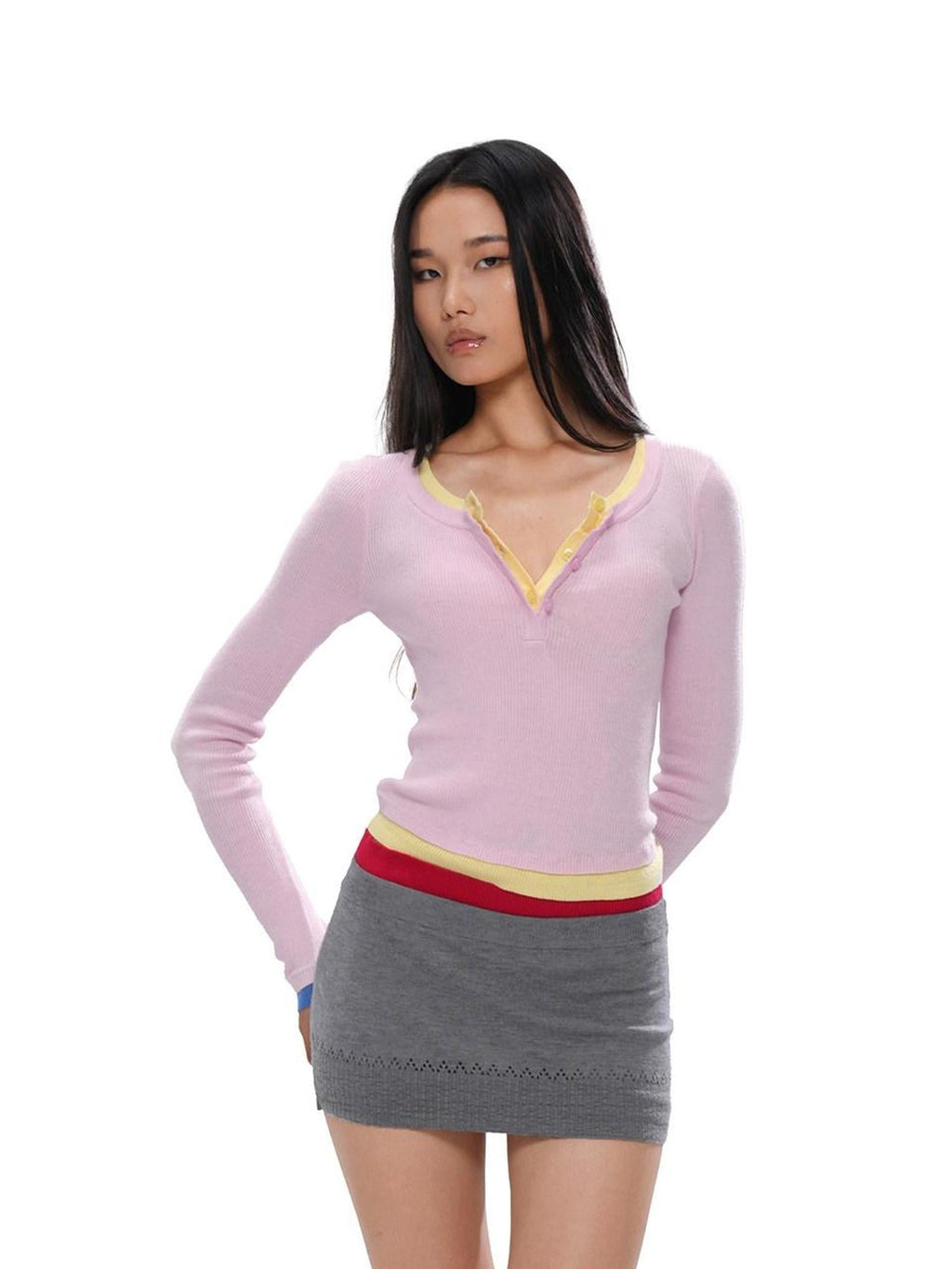Colorblock Layered Faux Two Piece Knit Women's Wool Blend Matching Skirt Sets