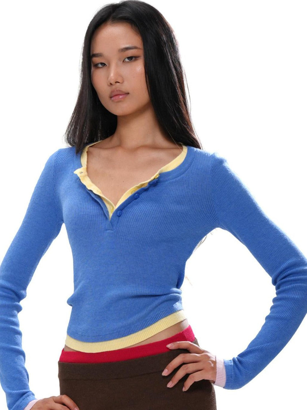 Colorblock Layered Faux Two Piece Knit Women's Wool Blend Matching Skirt Sets