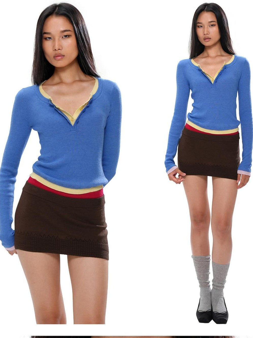 Colorblock Layered Faux Two Piece Knit Women's Wool Blend Matching Skirt Sets