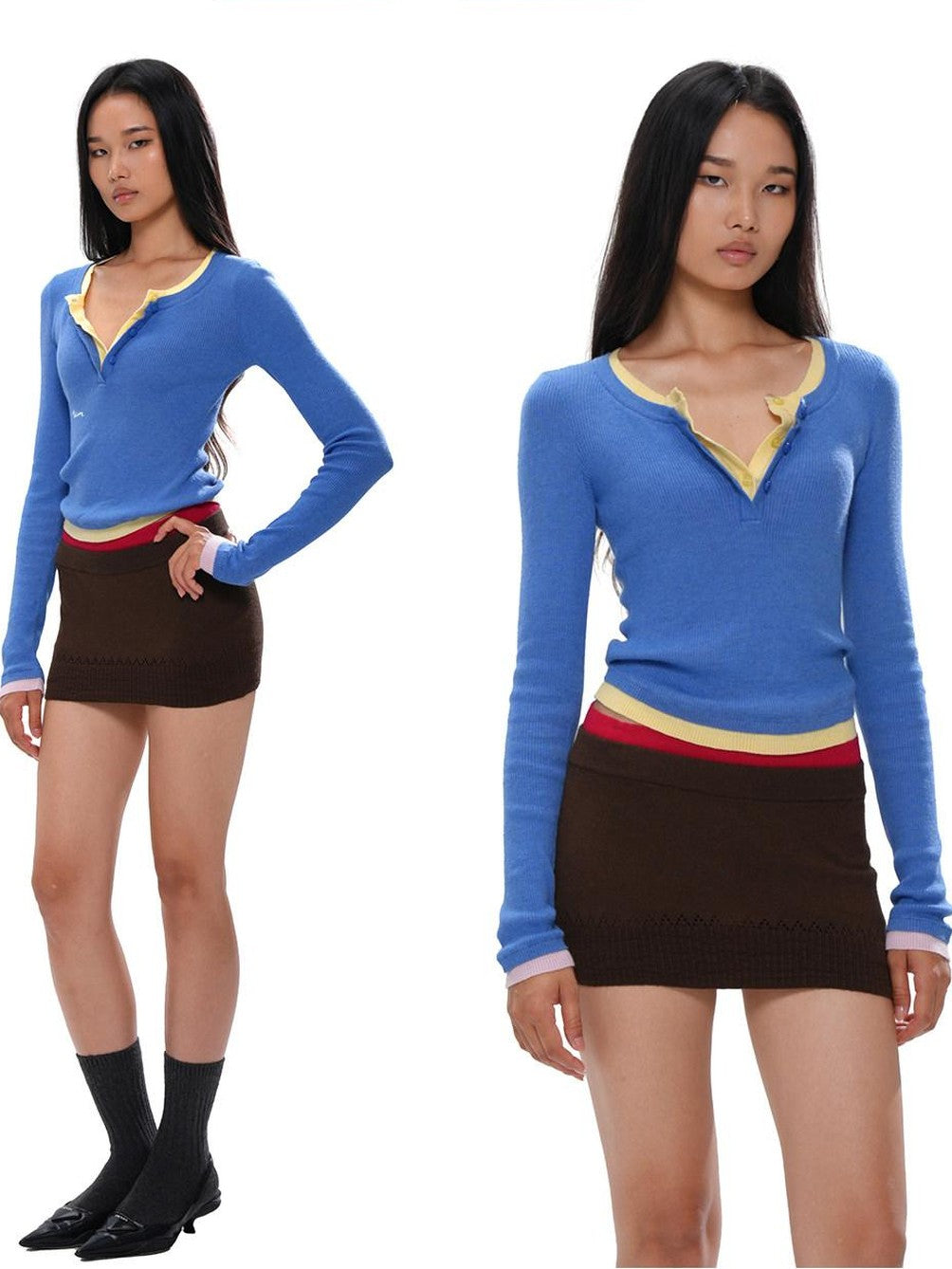 Colorblock Layered Faux Two Piece Knit Women's Wool Blend Matching Skirt Sets