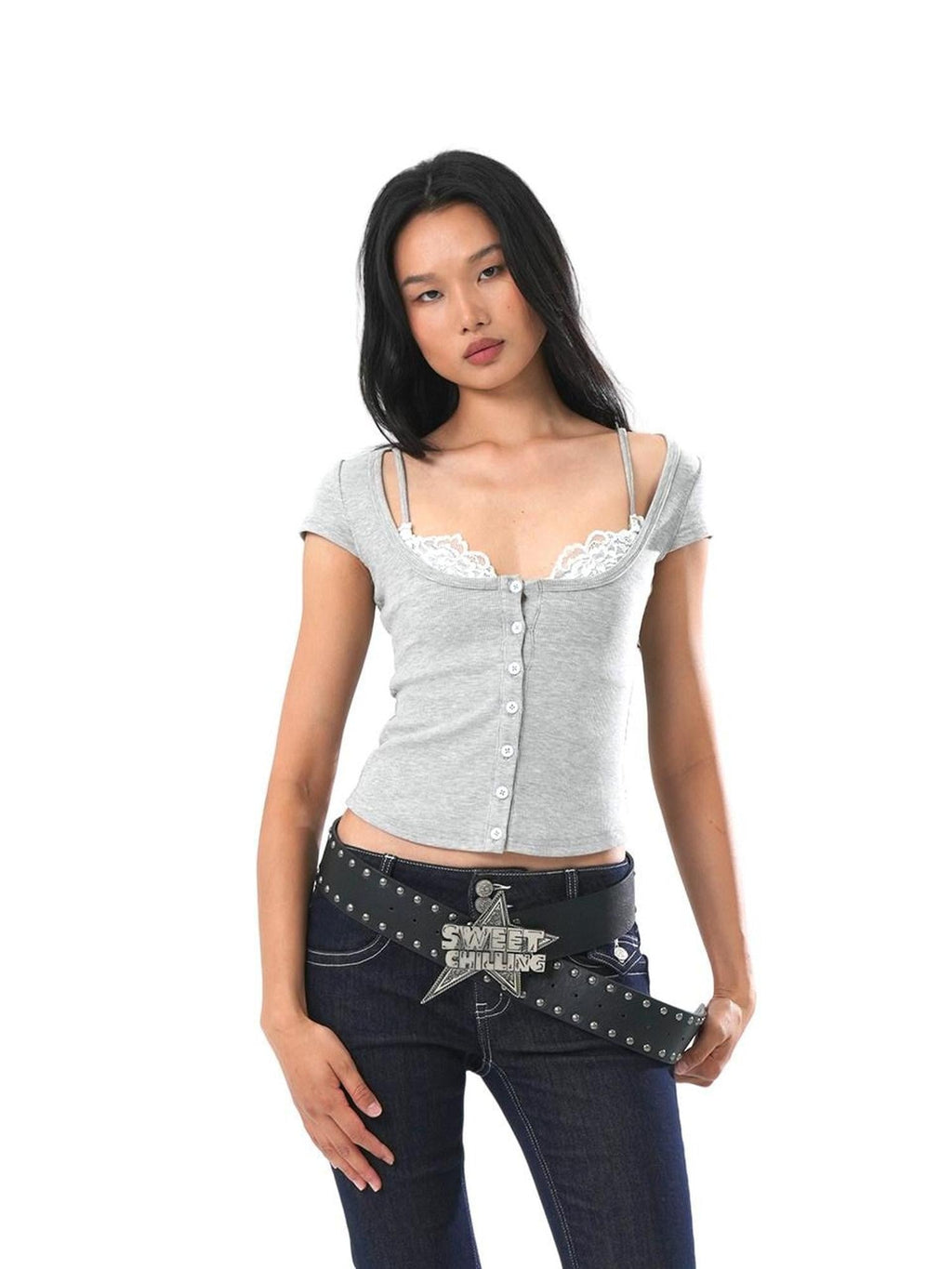 Cropped Lace Trim Cinched Waist Letter Print Women's Knit Short Sleeve T-shirts