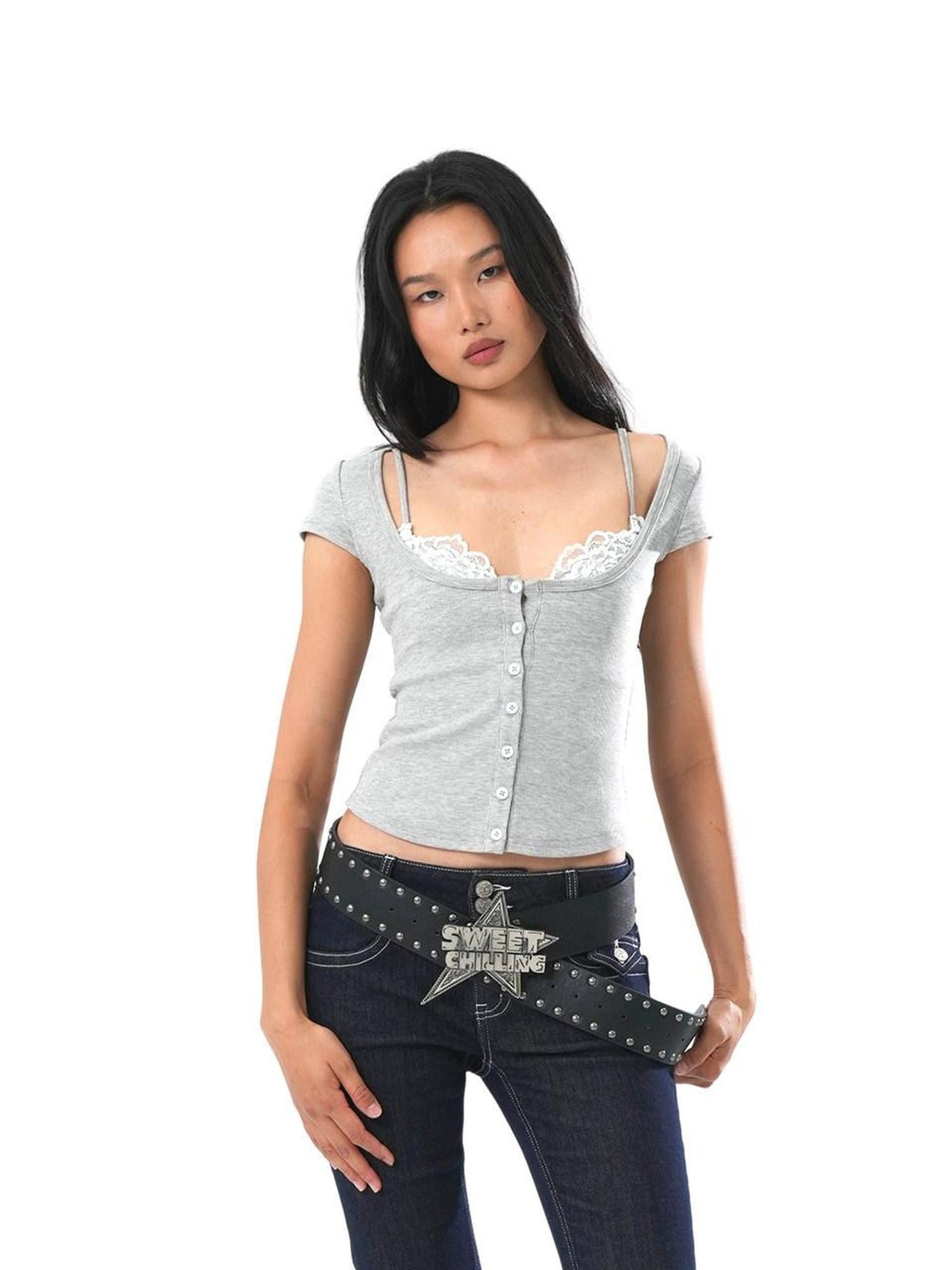 Cropped Lace Trim Cinched Waist Letter Print Women's Knit Short Sleeve T-shirts