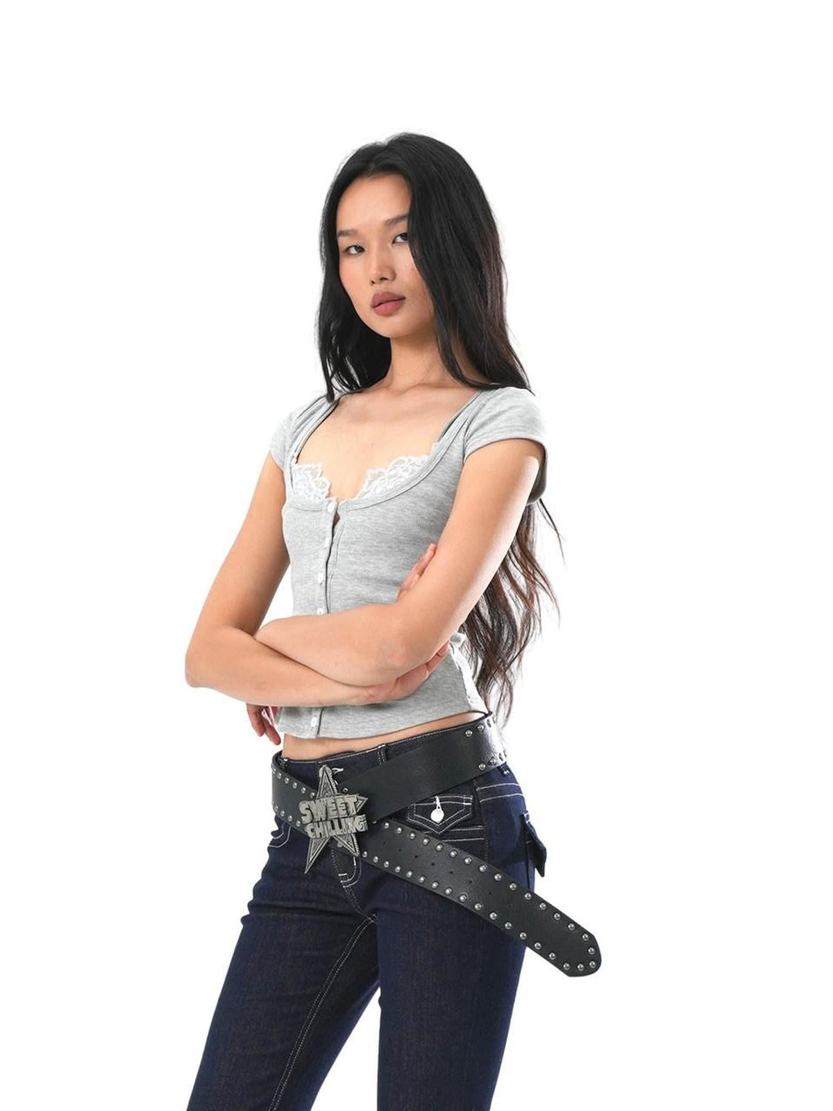 Cropped Lace Trim Cinched Waist Letter Print Women's Knit Short Sleeve T-shirts