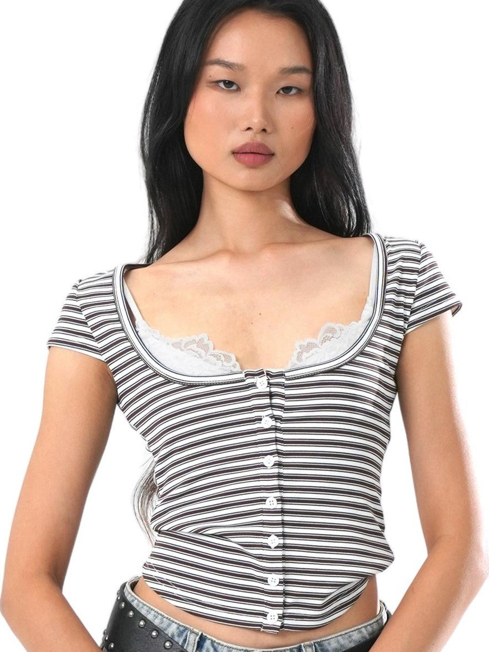 Cropped Lace Trim Cinched Waist Letter Print Women's Knit Short Sleeve T-shirts