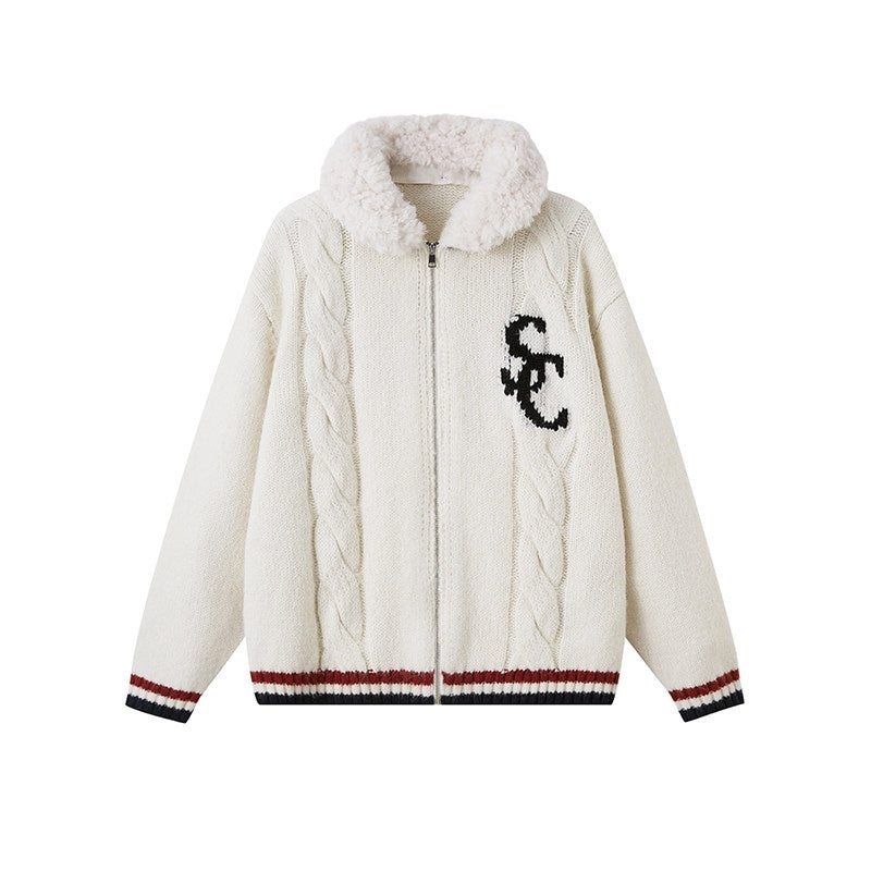 Detachable Faux Lamb Collar Letter Jacquard Women's Fleece Jackets