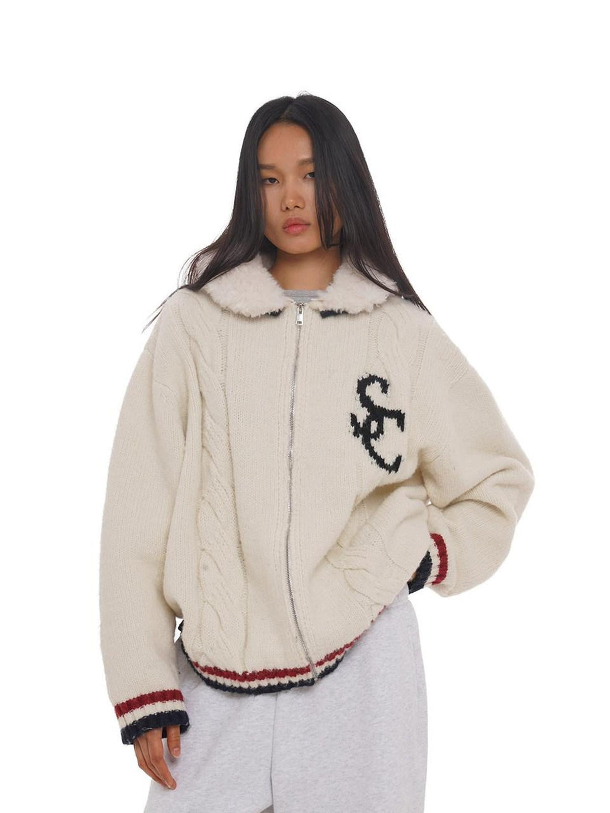 Detachable Faux Lamb Collar Letter Jacquard Women's Fleece Jackets