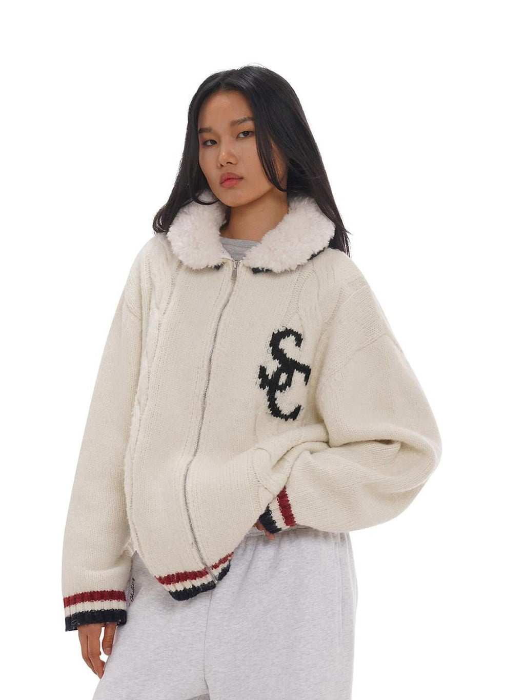 Detachable Faux Lamb Collar Letter Jacquard Women's Fleece Jackets