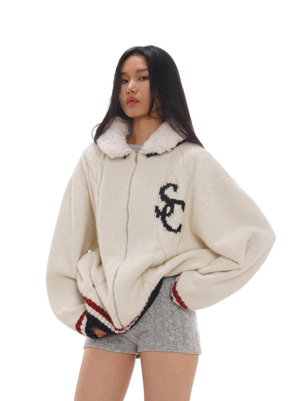 Detachable Faux Lamb Collar Letter Jacquard Women's Fleece Jackets