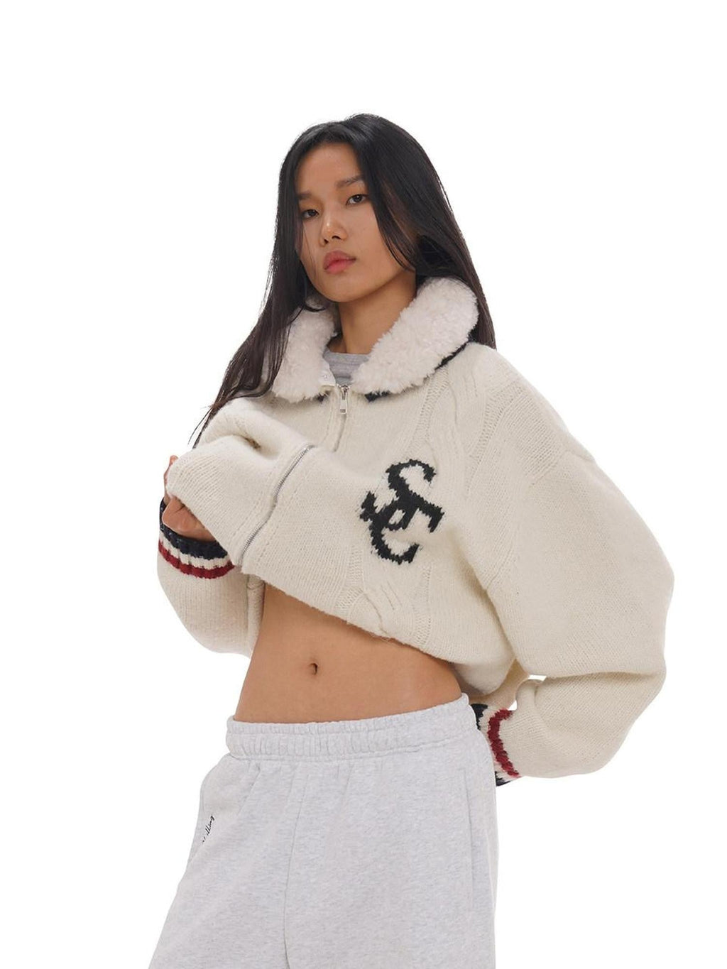 Detachable Faux Lamb Collar Letter Jacquard Women's Fleece Jackets