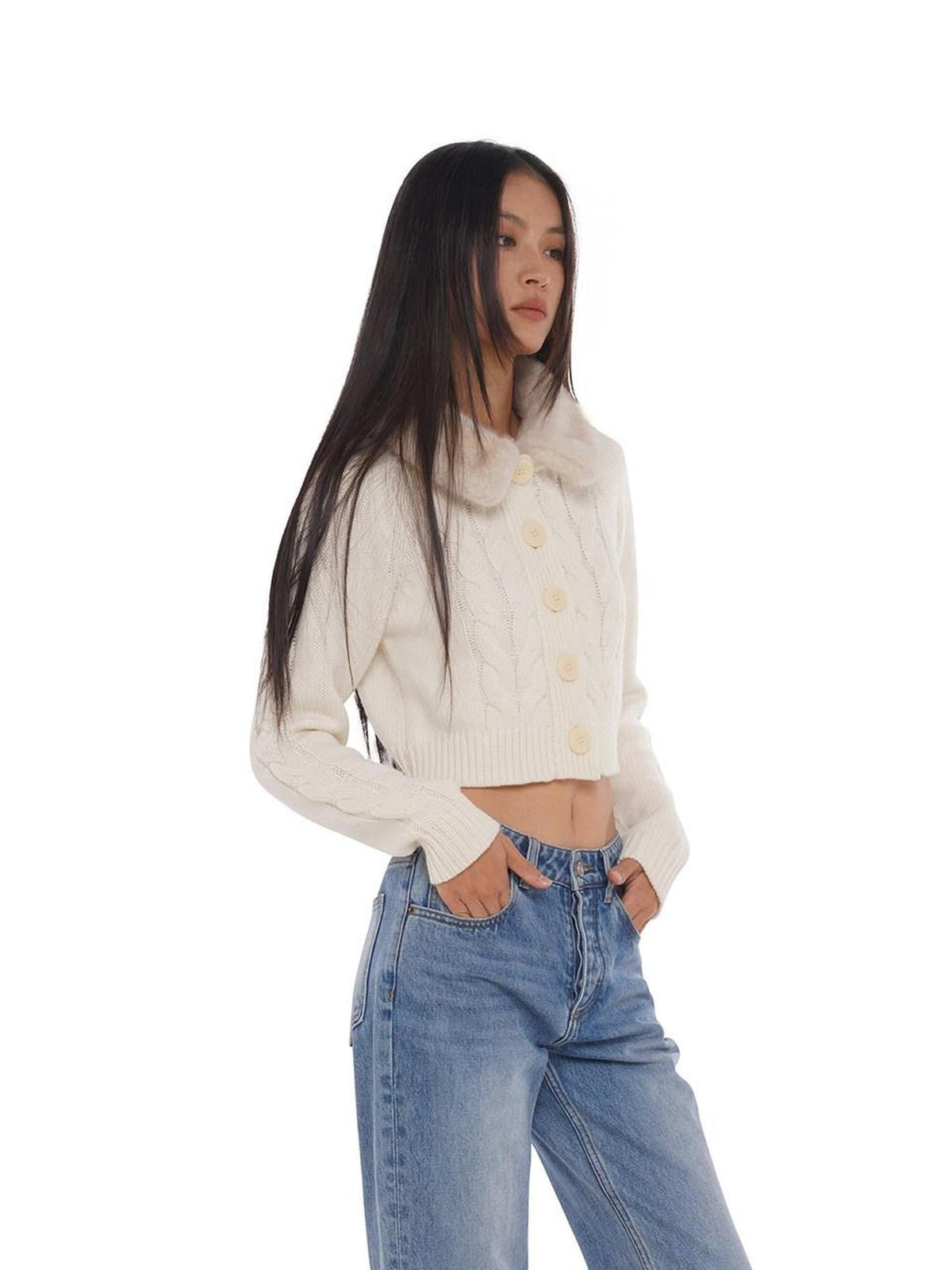 Detachable Fur Collar Short Loose Fit Women's Wool Blend Cable-knit Sweaters