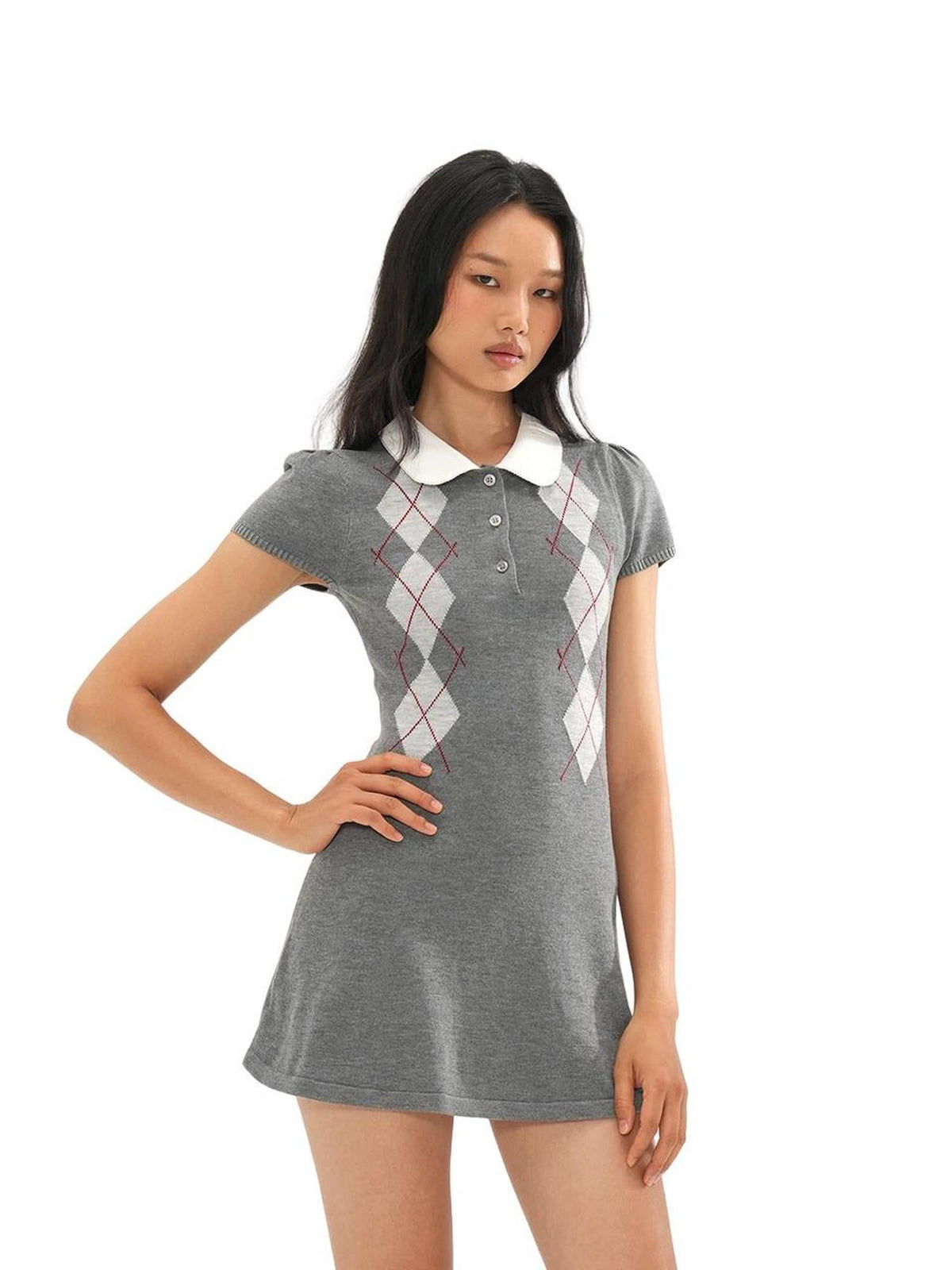 Diamond Contrast Jacquard Round Neck Women's Bodycon Mini Dresses