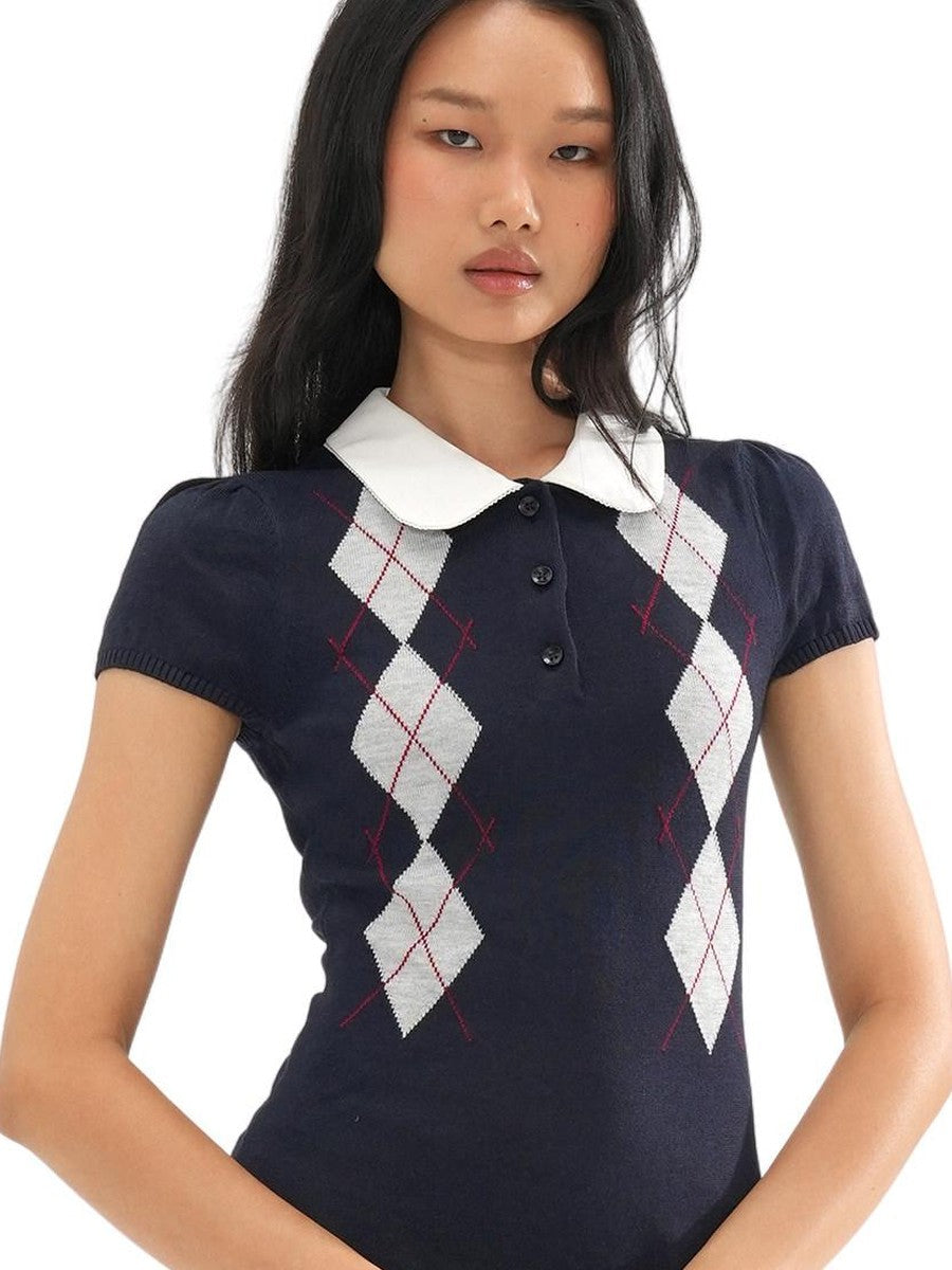 Diamond Contrast Jacquard Round Neck Women's Bodycon Mini Dresses