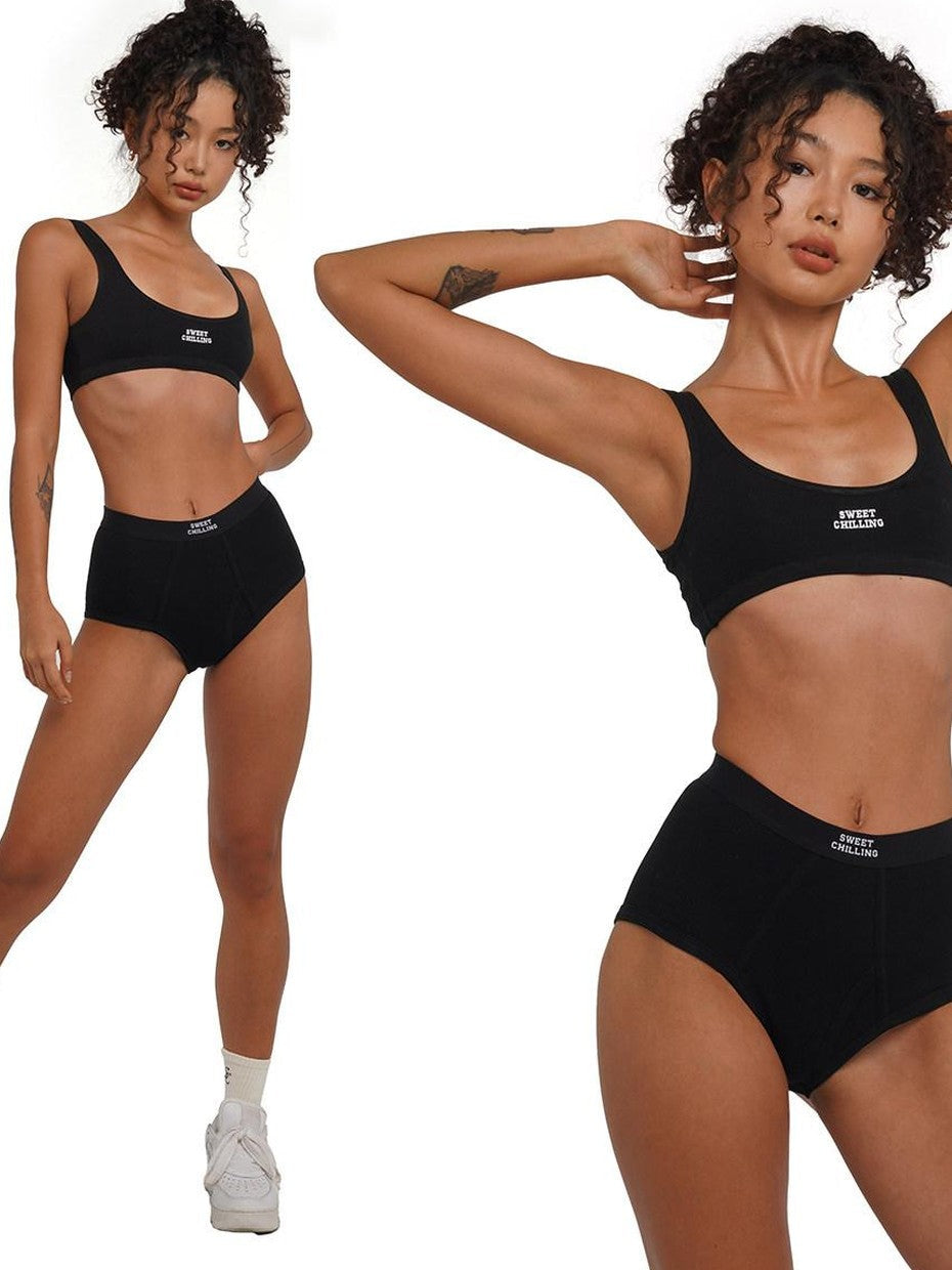 Embroidered Ribbed Fitted Triangle Mid Waist Women's Cotton Bikinis