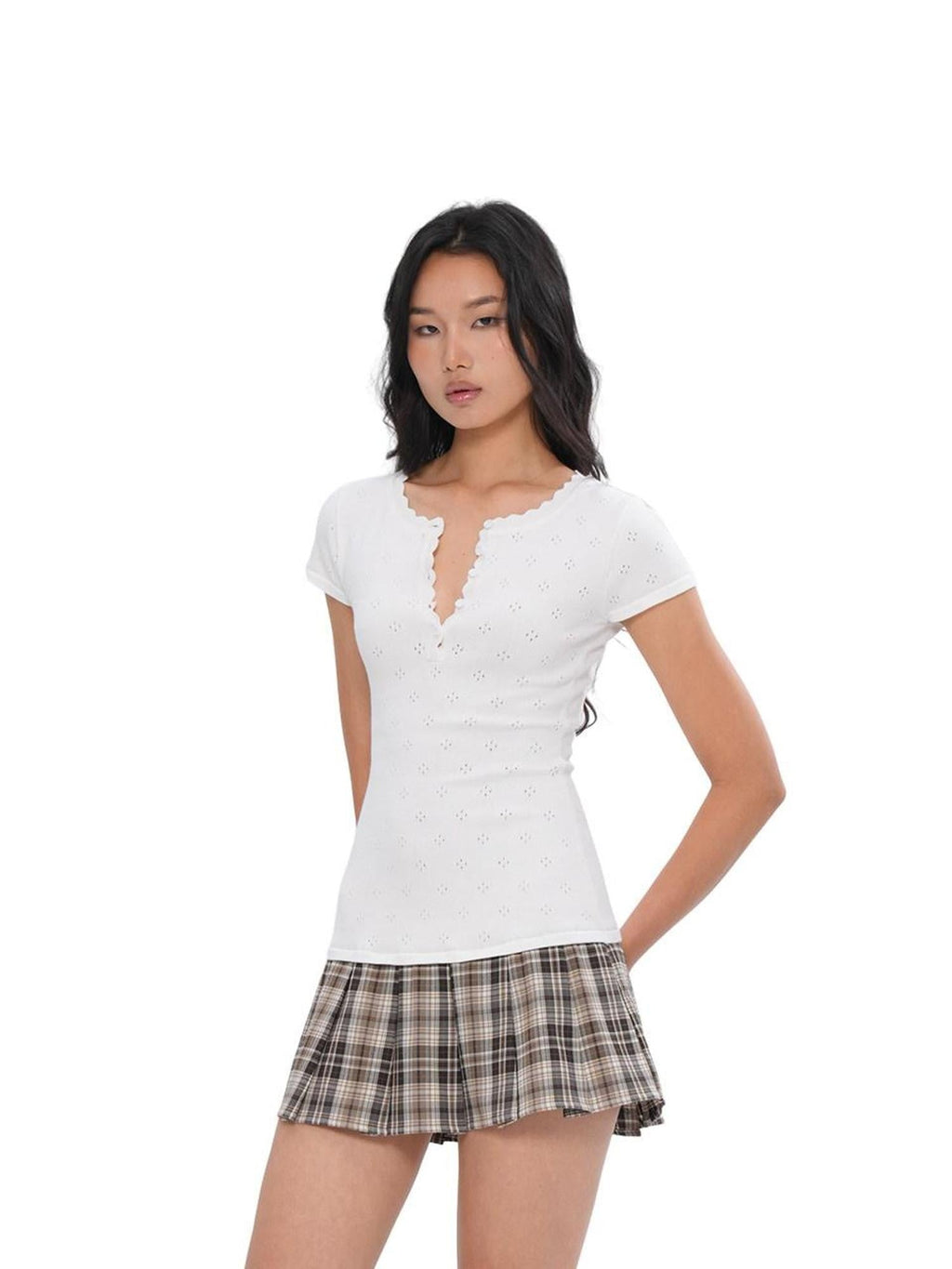Eyelet Henley Collar Short Sleeve Spliced Women's Cotton Corset Mini Dresses