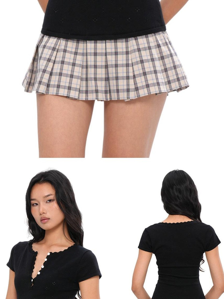 Eyelet Henley Collar Short Sleeve Spliced Women's Cotton Corset Mini Dresses