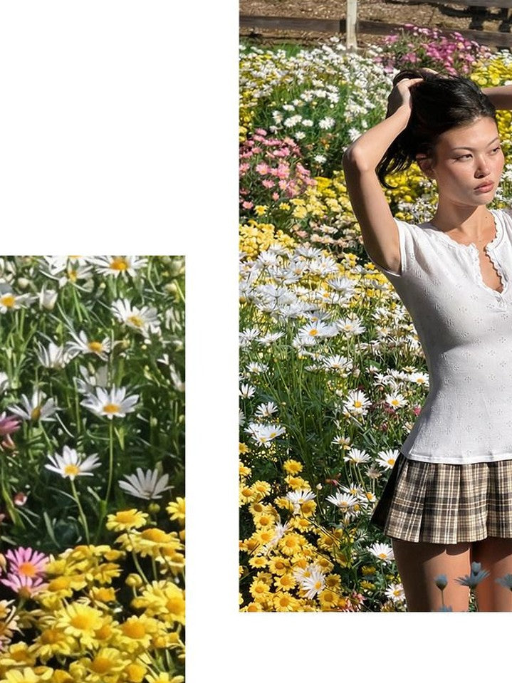 Eyelet Henley Collar Short Sleeve Spliced Women's Cotton Corset Mini Dresses