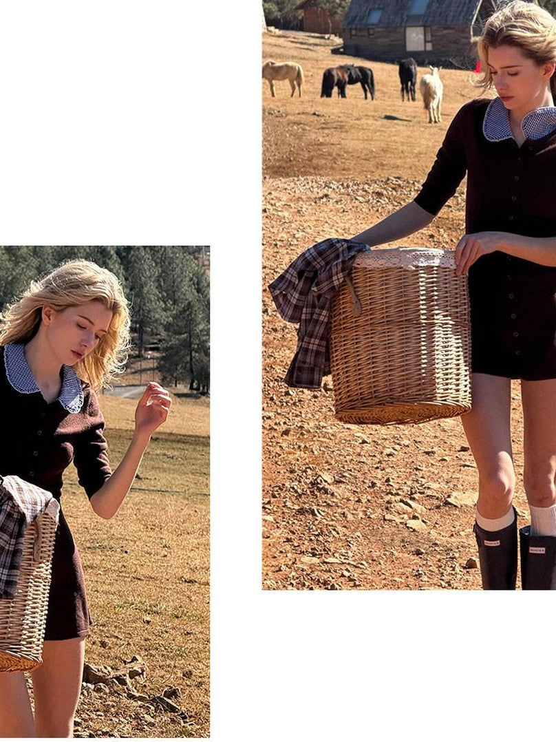 Farm Patchwork Knit Doll Collar Women's Cotton Corset Mini Dresses