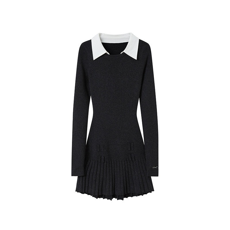 Faux Shirt Collar Pleated Belted Slim Women's Nylon Blend Corset Mini Dresses