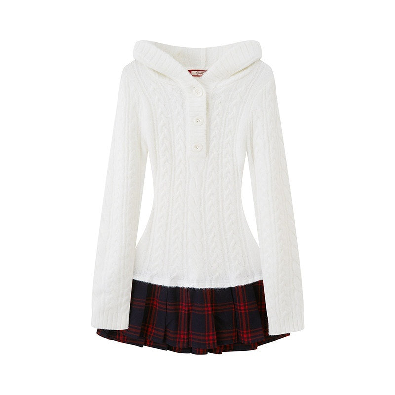 Festive Hooded Knit Panel Waist Cinch Pleated Women's Bodycon Mini Dresses