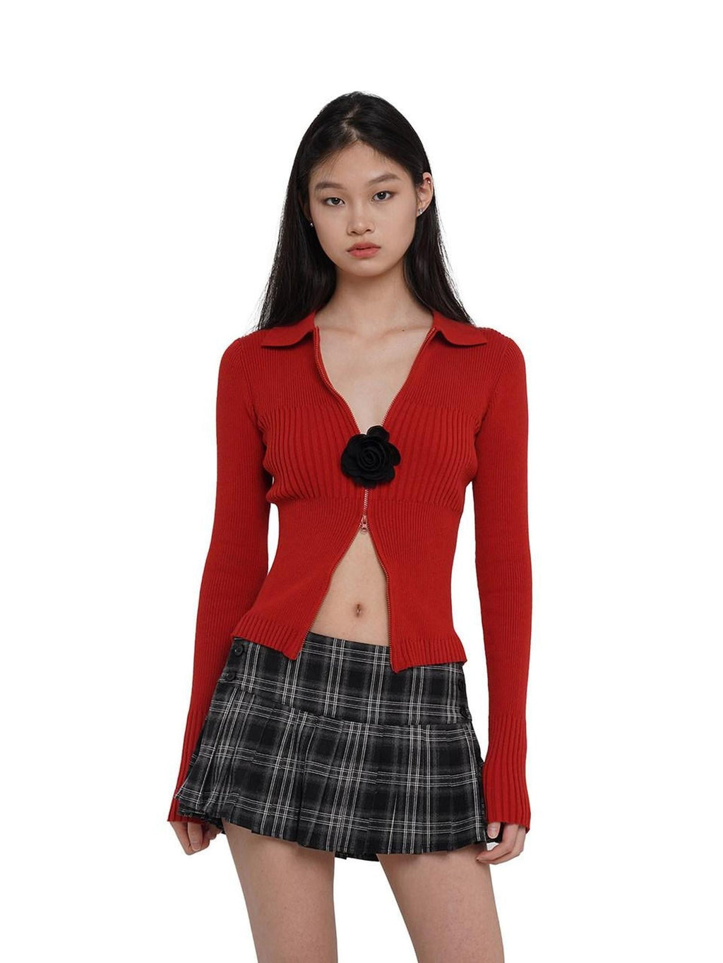 Flower Brooch Knit Two Way Zipper Slim Fit Women's Cotton Blend Cardigans