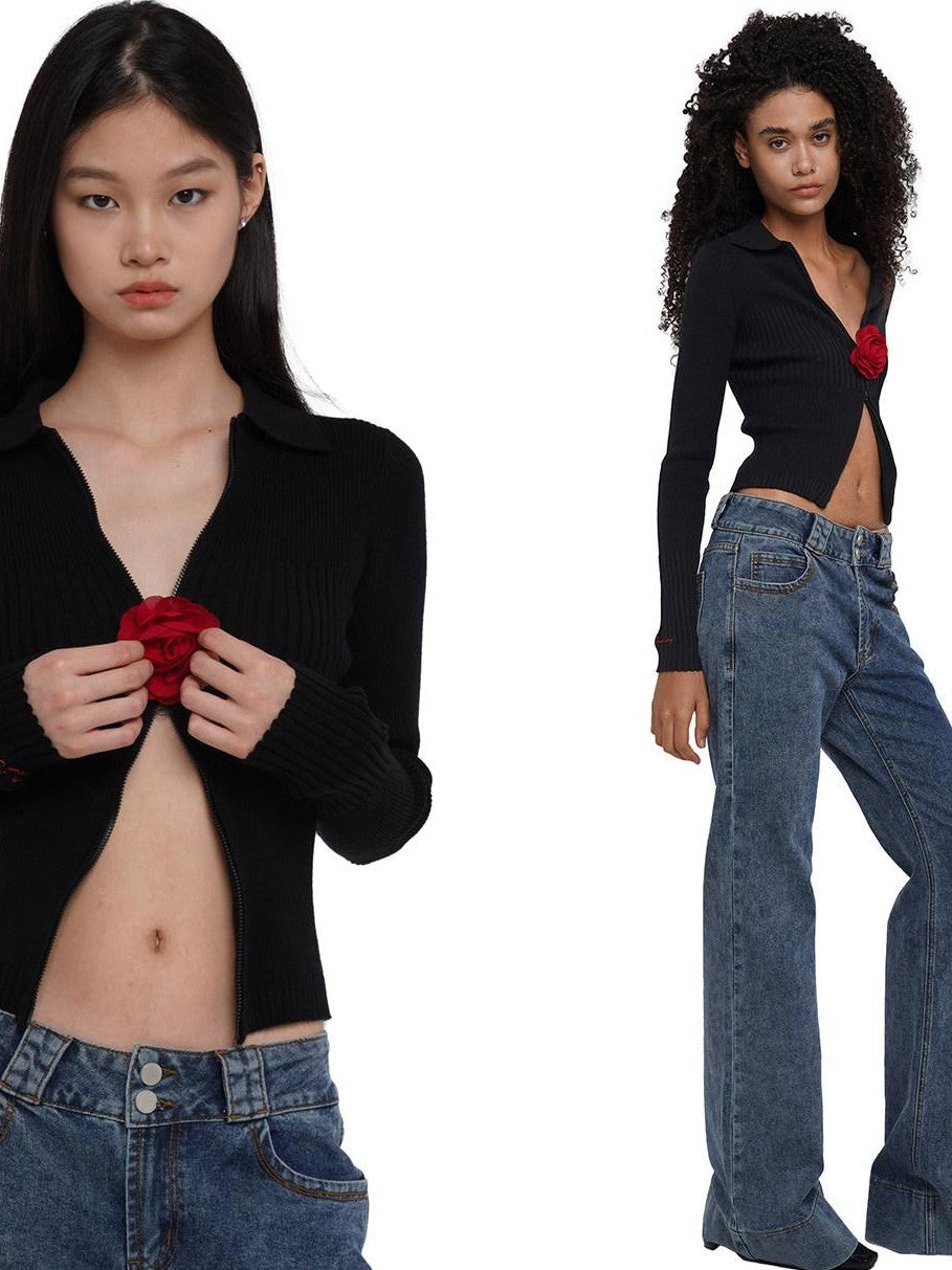Flower Brooch Knit Two Way Zipper Slim Fit Women's Cotton Blend Cardigans