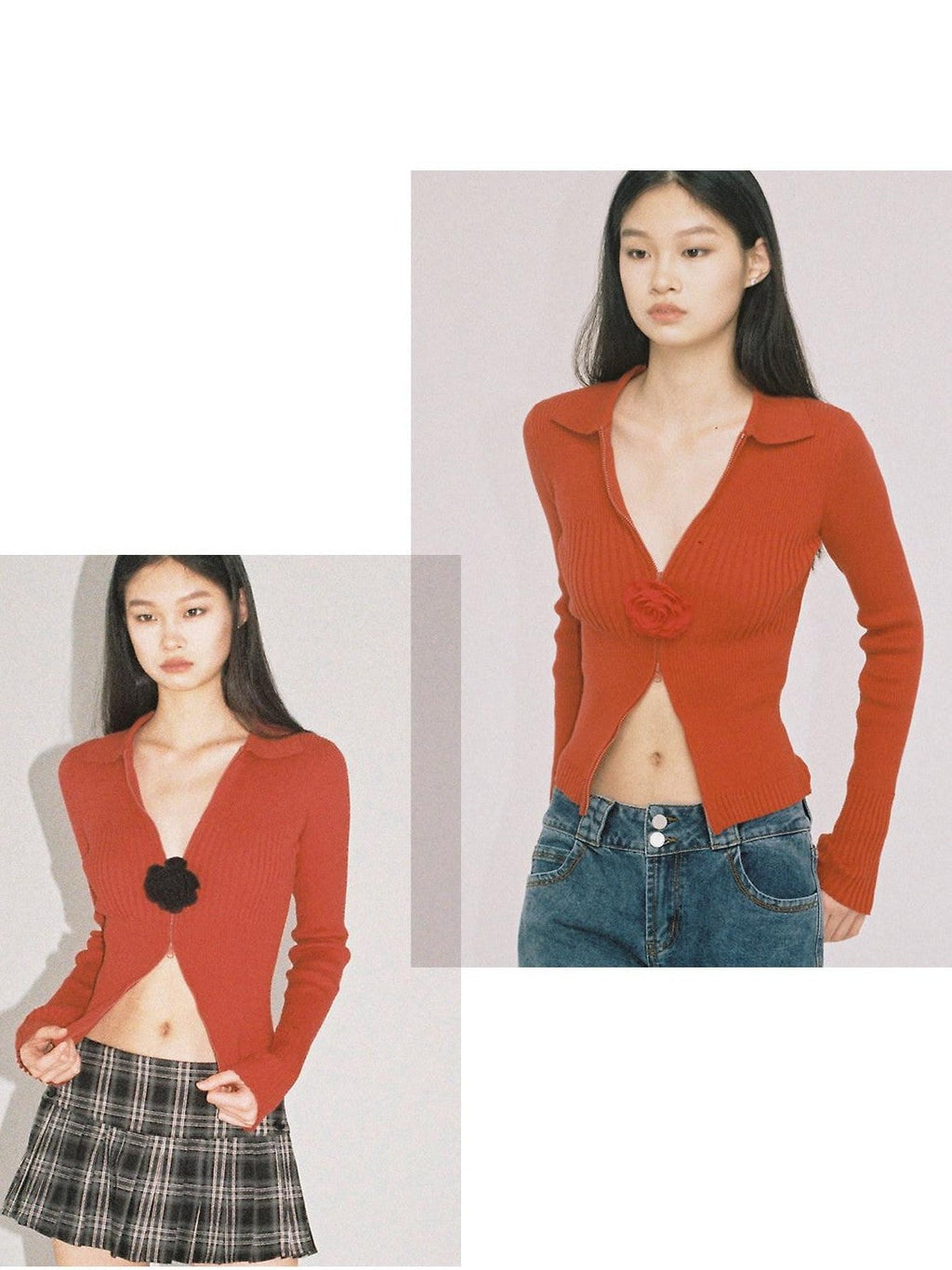 Flower Brooch Knit Two Way Zipper Slim Fit Women's Cotton Blend Cardigans