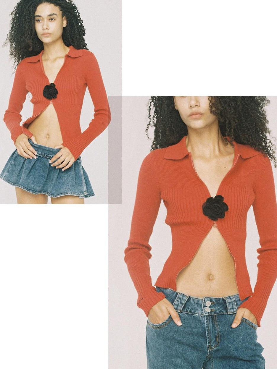 Flower Brooch Knit Two Way Zipper Slim Fit Women's Cotton Blend Cardigans