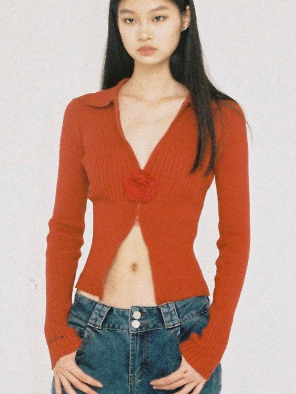 Flower Brooch Knit Two Way Zipper Slim Fit Women's Cotton Blend Cardigans