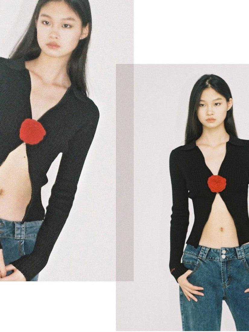 Flower Brooch Knit Two Way Zipper Slim Fit Women's Cotton Blend Cardigans