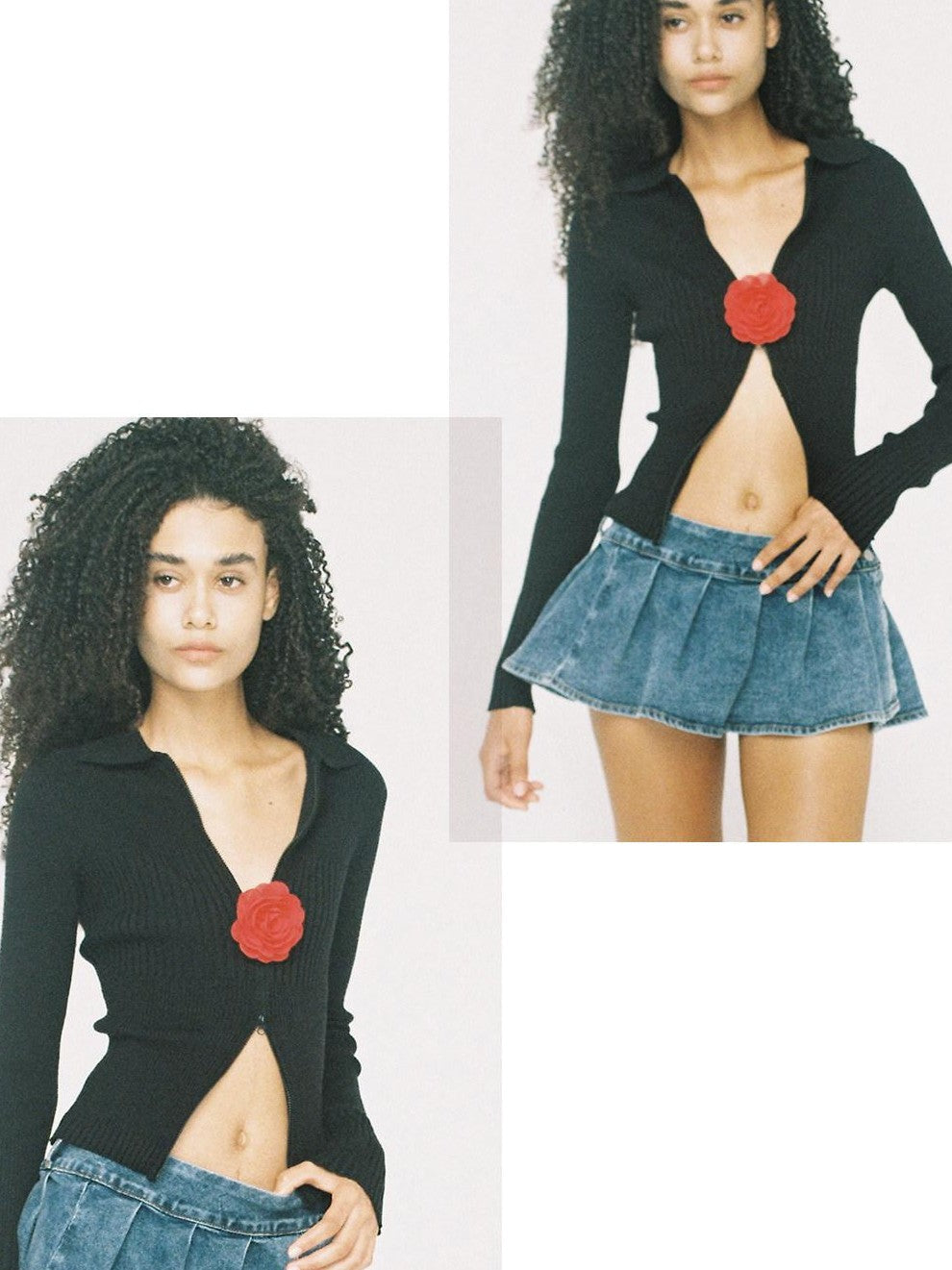 Flower Brooch Knit Two Way Zipper Slim Fit Women's Cotton Blend Cardigans