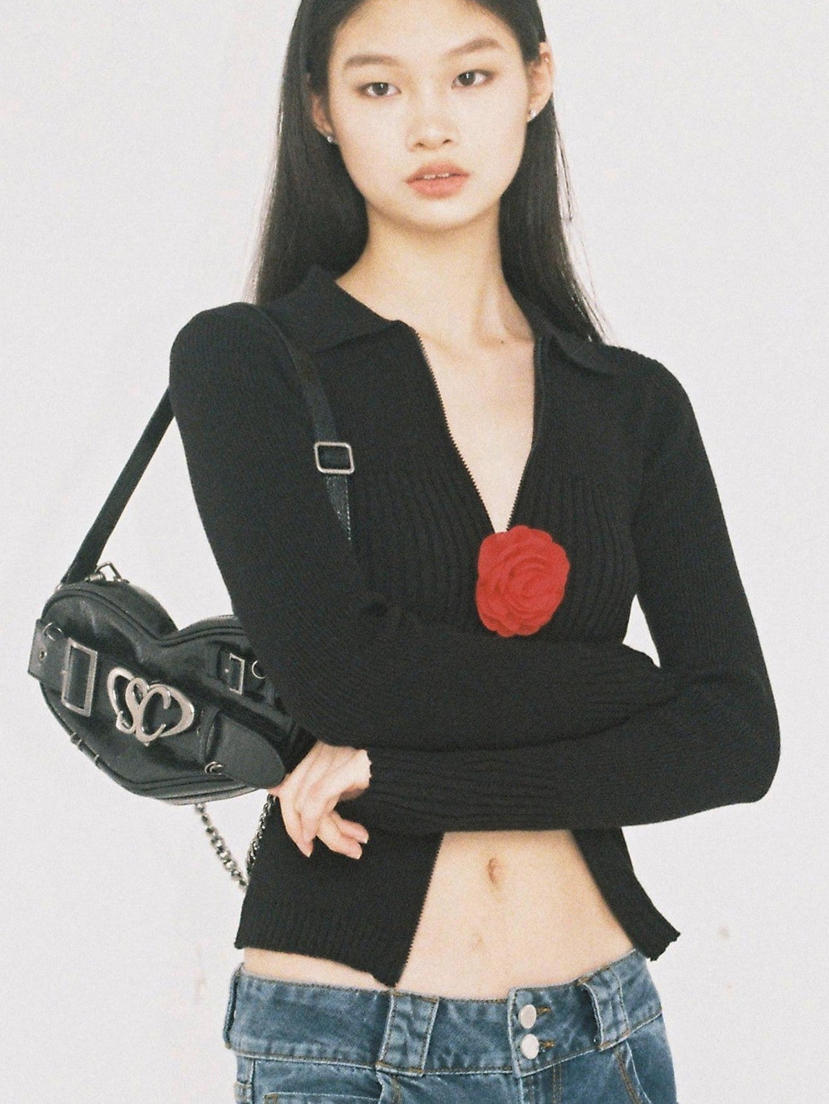 Flower Brooch Knit Two Way Zipper Slim Fit Women's Cotton Blend Cardigans
