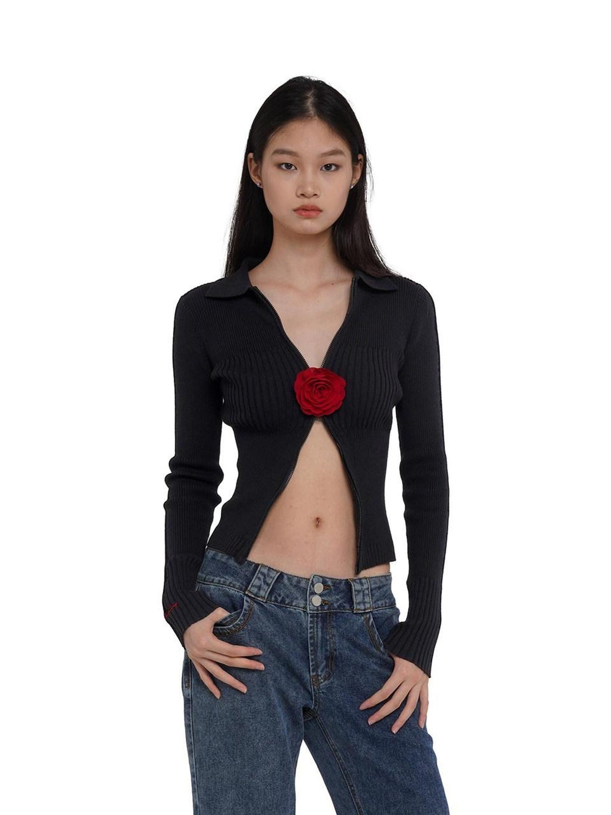 Flower Brooch Knit Two Way Zipper Slim Fit Women's Cotton Blend Cardigans