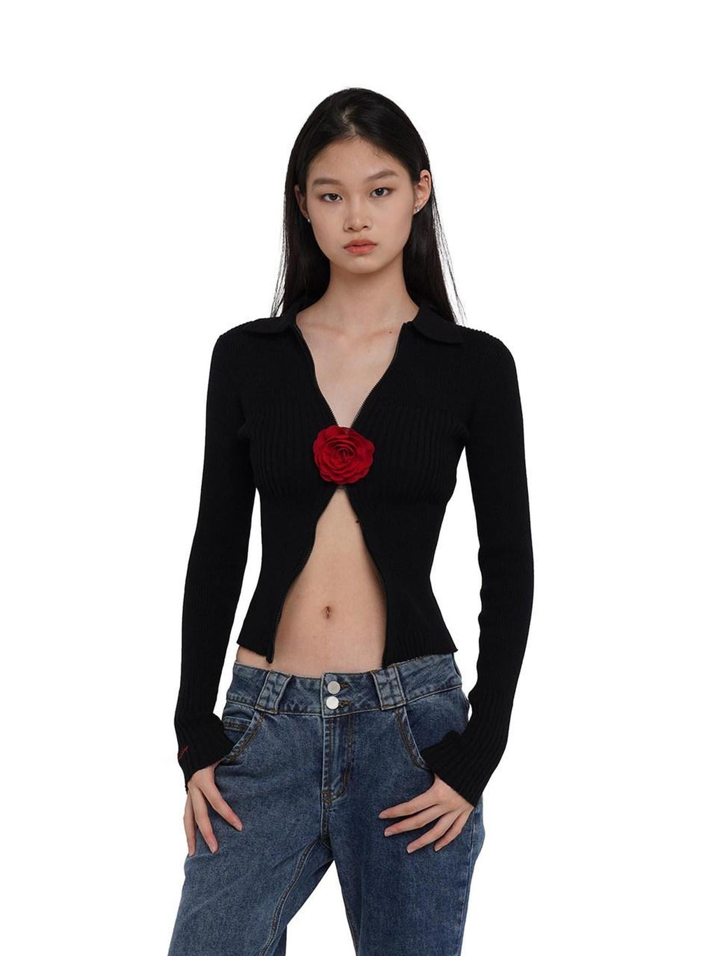 Flower Brooch Knit Two Way Zipper Slim Fit Women's Cotton Blend Cardigans