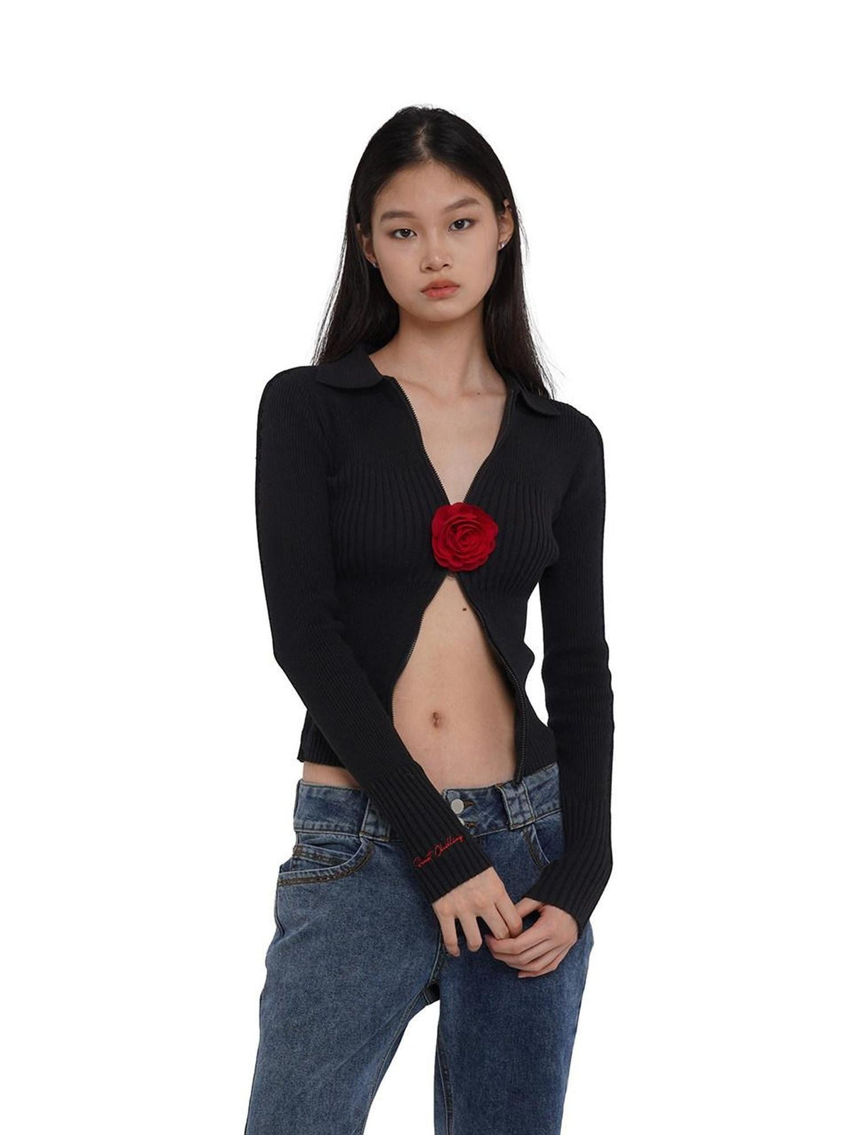 Flower Brooch Knit Two Way Zipper Slim Fit Women's Cotton Blend Cardigans